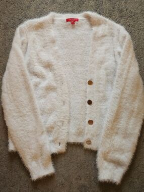 GUESS Cream Keyla Fuzzy Button-Up Cardigan with Gold Buttons